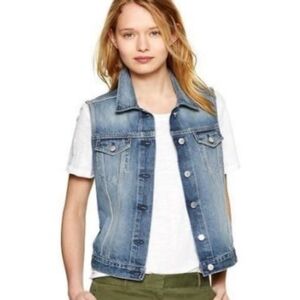 Gap Denim 1969 Icon Blue Jean Vest Collier Distressed Button Front Cotton SM